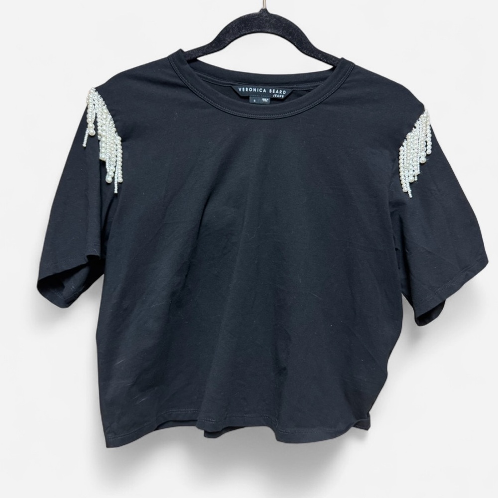 Veronica Beard Rumia Pearl Fringe Embellished Black Top - Picture 2 of 7